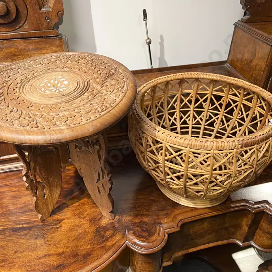 Small Inlaid Occ. Table and Cane Jardinière