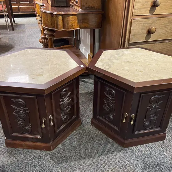 Pair of Hexagonal Marble Topped Side Cabinets