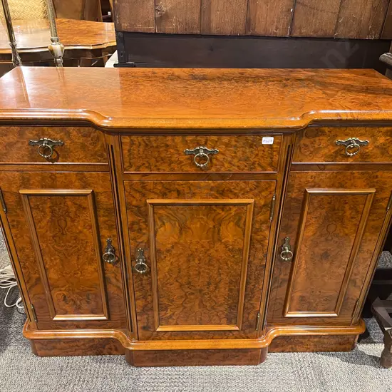 Repro. Burr Walnut Small Proportion Breakfront Sideboard