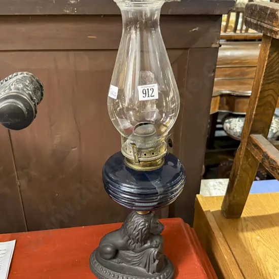 Vict Cast Iron Lion Form Based Kerosene Lamp With Blue Glass Reservoir