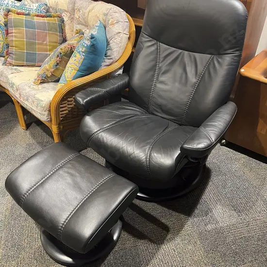 Modern Stressless Leather Reclining Armchair With Matching Footstool