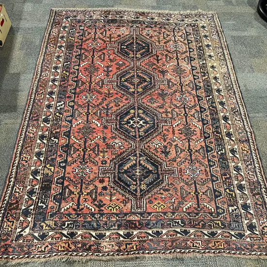 Large Persian Woolen Rug with Four Central Lozenge Medallions in Blue Red and Nautral Tones