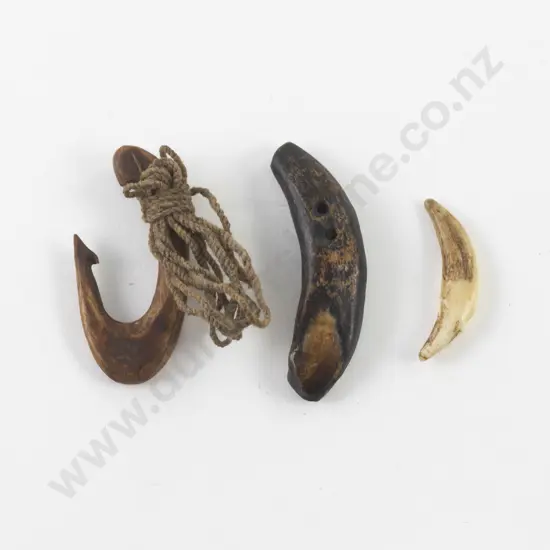Tooth Pendant together with Bone Pendant and Stained Bone Fish Hook