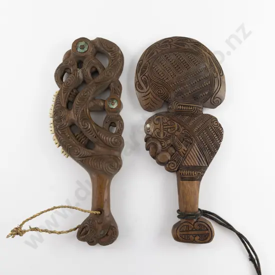 One Modern Wooden Carved Kotiate with paua inset and other