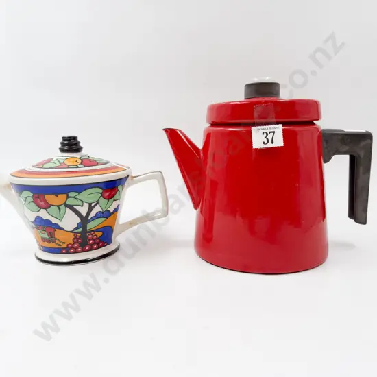 Sadler Clarice Cliff Type Teapot & Red Enamel Finel Arabia Coffee Perculator