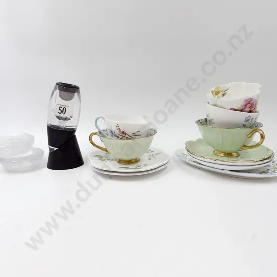 Shelley Odd Cup and Saucer with Two Glass Dishes and Modern Tea Strainer