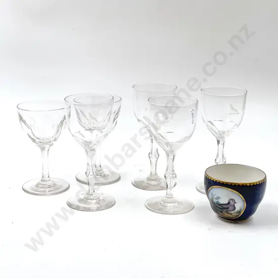 Six Vict. Port Glasses and Antique Dresden H/P Cabinet Cup