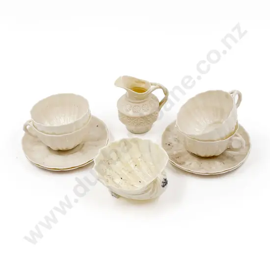 Four Belleek Black Mark Tea Cup and Saucers with Cream Jug and Shell Dish
