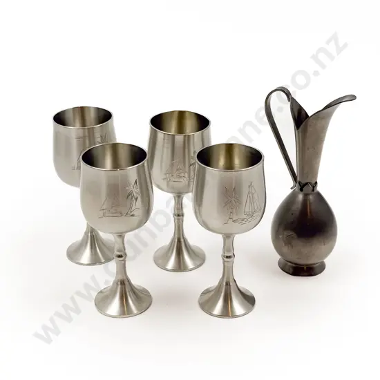 Four Pewter Goblets and Ewer