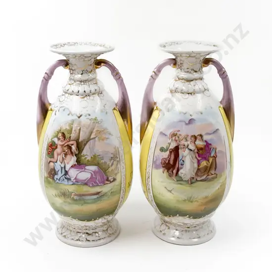 Late C19th Pair of Kaufmann Print Decorated Mantle Urns