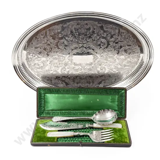 Cased MOP Handled Fish Service with Spoon and Tray