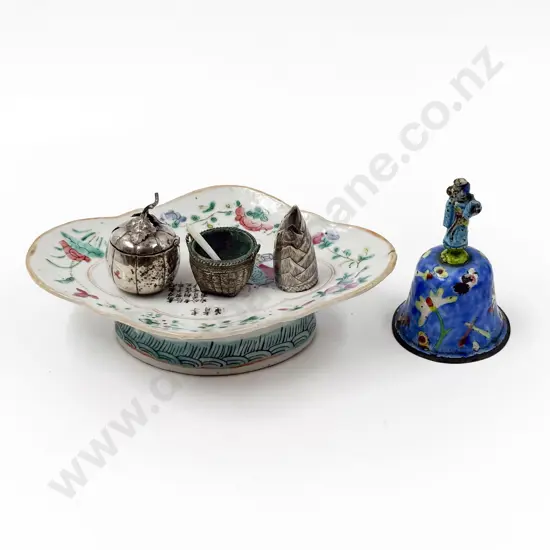 Chinese Famille Dish with Enamelled Bell and Silver Condiments