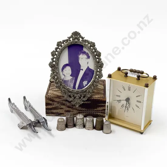 Pair of Christofle Dolphin Knife Rests Together With Thimbles and Repro Carriage Clock