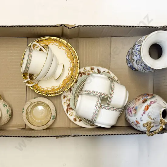 Box of Assorted Fancy China incl Belleck & Aynsley