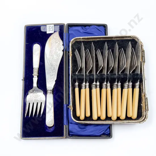 Cased Bone Handled Fish Service & MOP Handled Serving Set