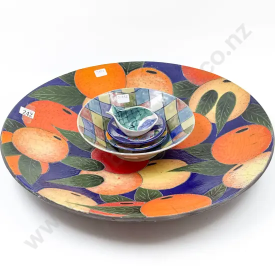 Five Assorted Polychrome Ceramics incl Large Charger of Oranges By Zeke Woolf