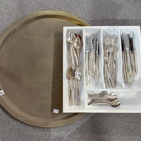 Large Brass Tray together with Cutlery Set