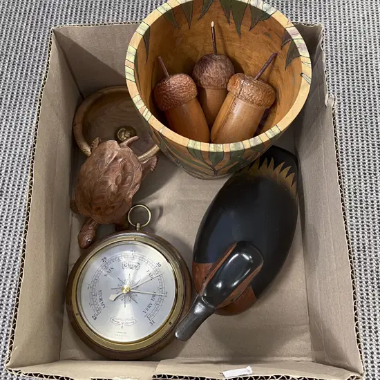 Box of Assorted Woodware incl Decoy & Barometer
