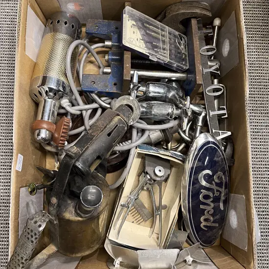 Box of Assorted Metal Ware incl Ford & Toyota Car Badges