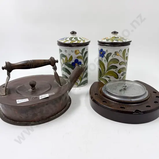 Pair Decorative Canisters Barometer & Copper Kettle