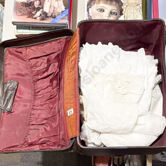 A Vintage Suitcase with Toddler & Doll White Linen & Lace Clothing