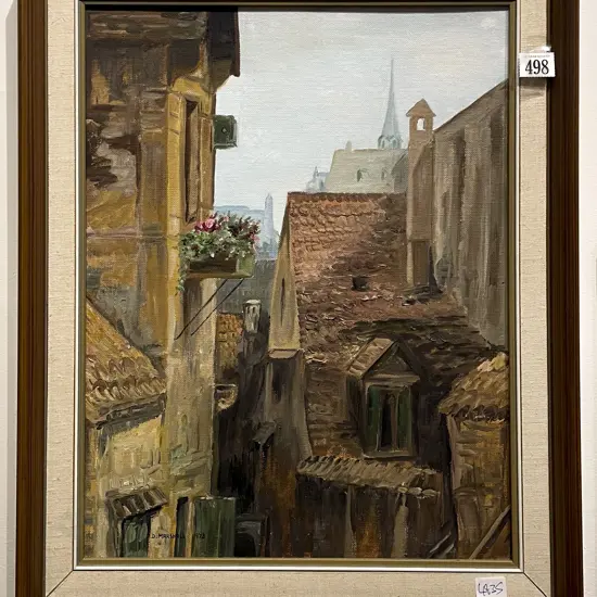 D. Marshall - Dutch Rooftop Scene - Oil on Board