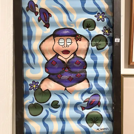 A.C. Skipper - Cartoonist Portrait - Framed Oil on Corrugated Iron