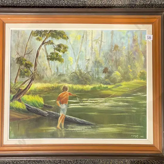 P. Smyth - "Fly Fishing" - Oil on Board