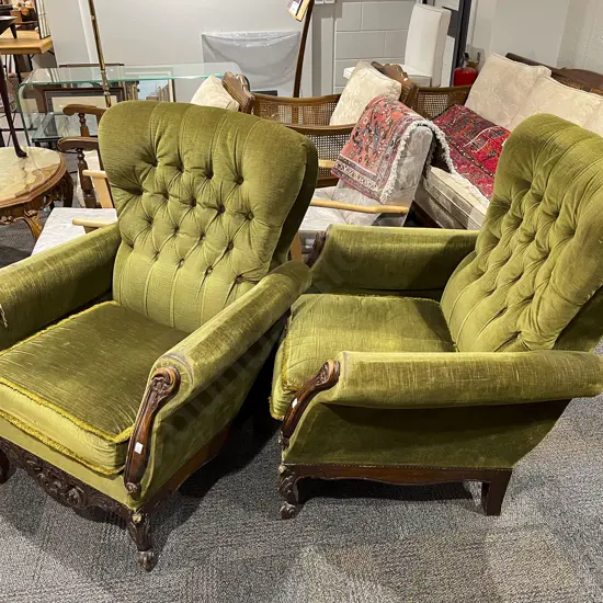 Pair Victorian Button Back Armchairs