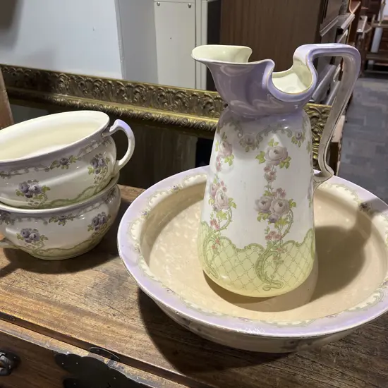 Floral Decorated Wash Jug & Basin together with Two Potties