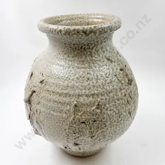 Large Salt Glazed Pottery Vase with All Over Wolf Design