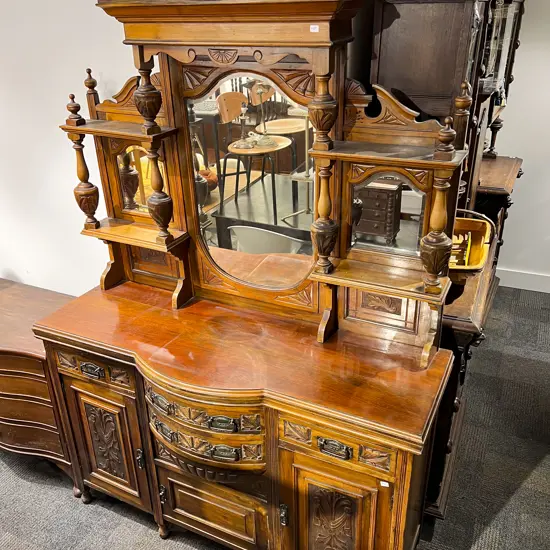 Mahogany Sideboard with Mirrored & Shelved Gallery Back with All Over Chip Carved Design