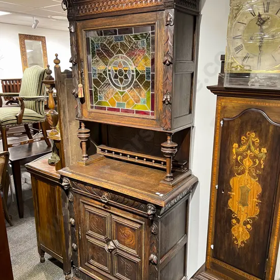 European Oak Two Stage Cabinet with Stained Glass Door to Top