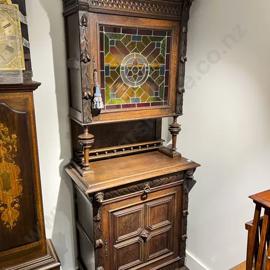 European Oak Two Stage Cabinet with Stained Glass Door to Top