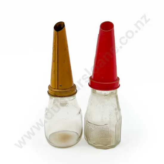 Two Smaller Glass Oil Bottles with Funnel Tops