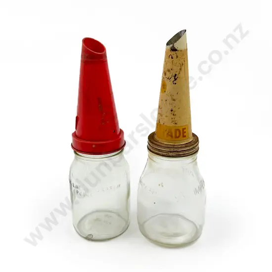 Two Smaller Glass Oil Bottles with Funnel Tops