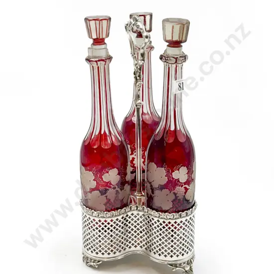 Set of Three Bohemian Ruby Flashed Decanters in Plated Carrier (A/F)