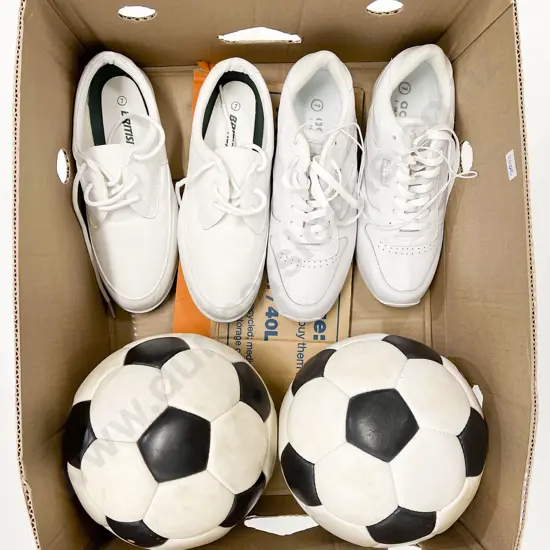 Two Pair Size 7 Sports Shoes & Two Soccer Balls