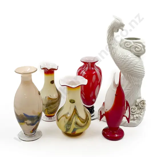 Five Glass Vases & China Peacock Vase
