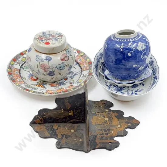 Small Lacquered Wall Shelf together with Assorted China