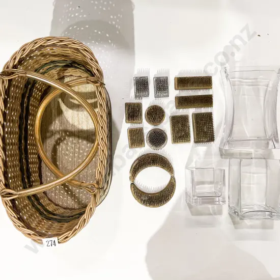 Quantity of Heavy Metal Florist Flower Frogs & Two Glass Vases