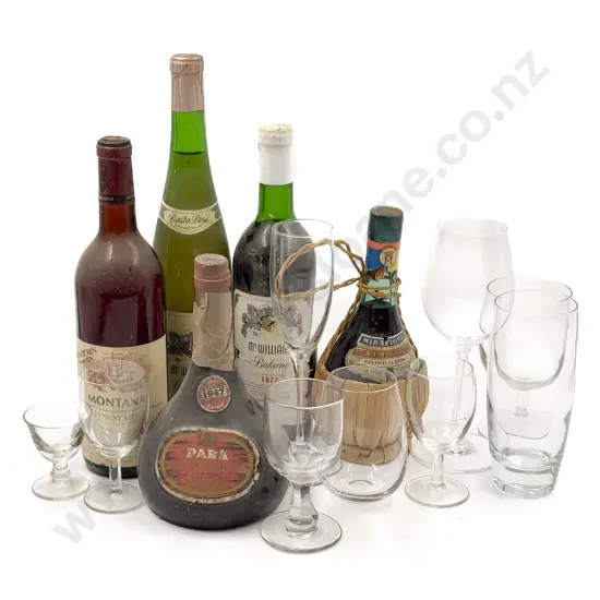 Five Bottles of Assorted Vintage Alcohol together with Glasses