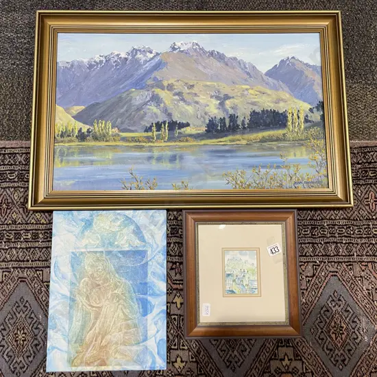 H Pimblott - Mixed Media Figural Study together with Scenic Oil & Other