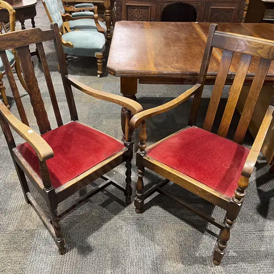 Pair Edwardian Oak Carver Chairs