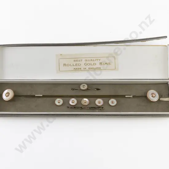 Original Card Cased Rolled Gold Rimmed MOP Hat Pin Button and Brooch Pin Set