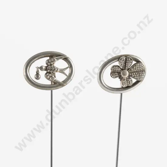 Two Art Nouveau Silver Swallow and Shamrock Finial Hat Pins