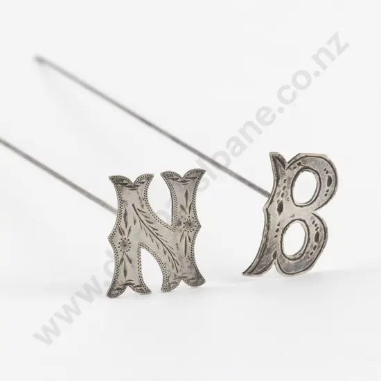 Two Edwardian Unmarked Silver Initial B and N Head Hat Pins