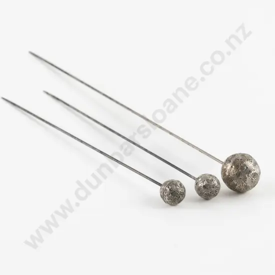 Pair & Single Edwardian Chased Silver Ball Hat Pins