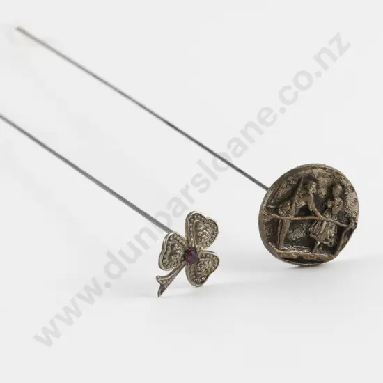 Late Victorian Embossed Metal 'Story' Button Hat Pin