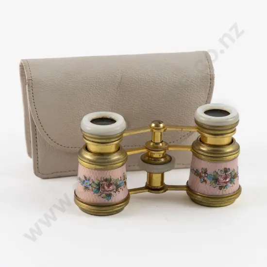 Cased Pair French Pink Guilloche Enamel and MOP Opera Glasses